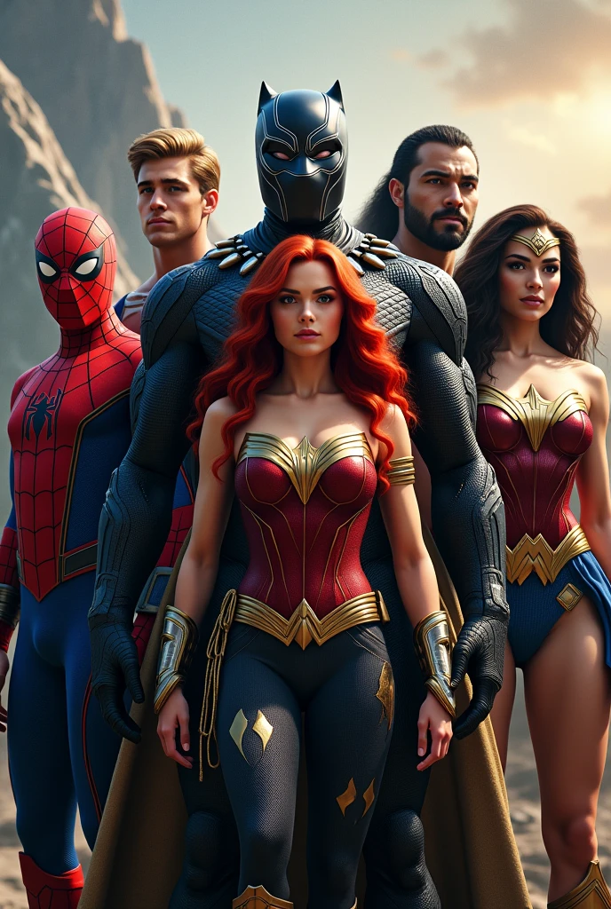 Spider man, black panther, aqua man, Mary Jane and wonder woman standing together