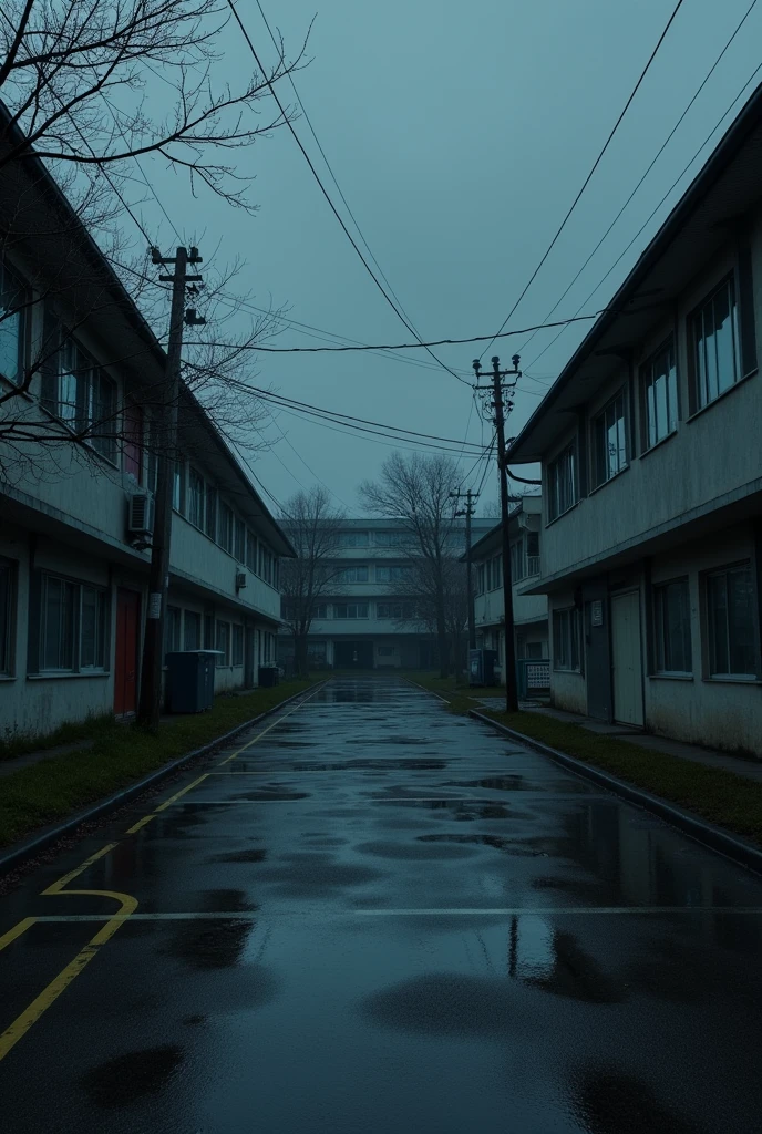 Depict a somber scene of a schoolyard in Sasebo with a dark, eerie atmosphere, highlighting the tragedy.