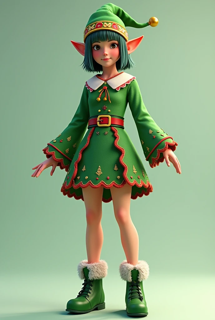 Christmas Green Elf Costume 3D Illustration Design Concept： Combining traditional Christmas elements with the mysterious image of the Green Elf，Create a unique and festive Christmas green elf costume。

Design elements：

Selection of color： The main color is green，Paired with gold、Red and other Christmas colors，Highlight the Christmas theme。
Green Elf Model： Uniquely designed green elf costume，may include a hat with a bell、Green bodysuit or skirt，Green socks, etc.。
Christmas elements： Adding Christmas tree patterns to clothing、snowflake、礼物盒等常见的Christmas elements，Add to the festive atmosphere。
Dramatic design： You can consider the neckline、cuff、Add tassels to the hem of the skirt、褶皱等Dramatic design，Make clothing more distinctive。