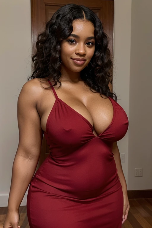 black woman, 30ans , curly hair,tetas grandes, big hips,ssmile, Parted Lips, blissful, red dress