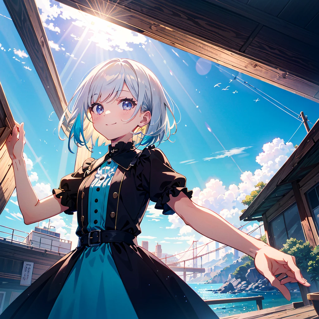 Popish Art: 1.5, pastel colors, vibrant colors, neon colors, vibrant colors, bold colors, colorful, colorful, dynamic, official art, beautiful and aesthetic, 1girl, long hair, black hair, medium bob cut, masterpiece, top quality, very Details, (pastel), 8k CG wallpaper, stunning art, absurdity, cute child girl, 10 years old, long platinum silver hair, gothic one-piece dress, ruffles, short sleeves, light smile, hands spread to the sides, (back of head: 0.8), arms outstretched, upper body, from below, movie angle, blue sky, sea, BREAK (cinema sunlight: 1.3),