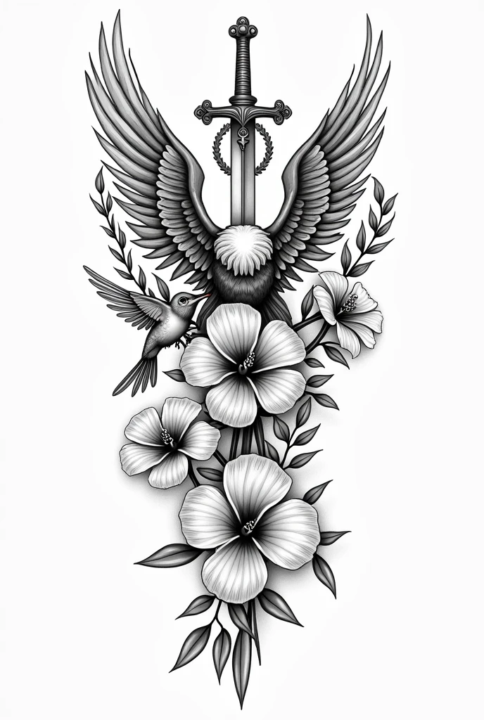 Hi, I want you to generate an image of a tattoo I want to get. I want the tattoo on my forearm, so it has to be a little small or fit in the space on my forearm. I want it to contain an empowered eagle, olive branches, a sword, a hummingbird, a hibiscus flower and lilies (it's important that it has all the elements) and I would like the style of the tattoo to be in black and grey and too much realistic, Please let it be something out of the ordinary