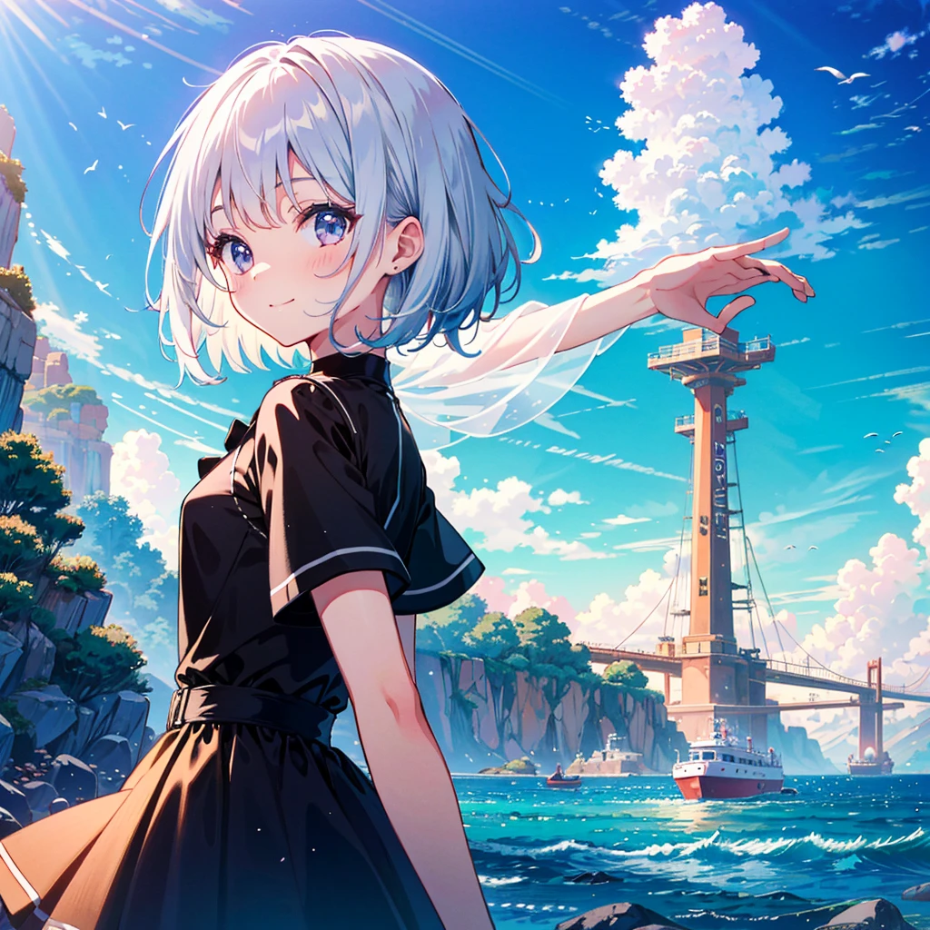 Popish Art: 1.5, pastel colors, vibrant colors, neon colors, vibrant colors, bold colors, colorful, colorful, dynamic, official art, beautiful and aesthetic, 1girl, long hair, black hair, medium bob cut, masterpiece, top quality, very Details, (pastel), 8k CG wallpaper, stunning art, absurdity, cute child girl, , long platinum silver hair, gothic one-piece dress, ruffles, short sleeves, light smile, hands spread to the sides, (back of head: 0.8), arms outstretched, upper body, from below, movie angle, blue sky, sea, BREAK (cinema sunlight: 1.3),