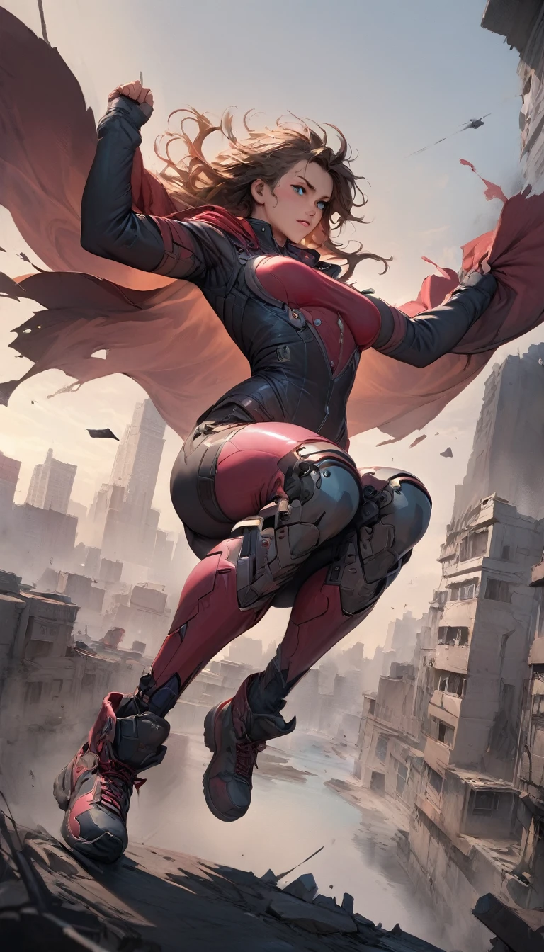 best quality,4k,8k,highres,masterpiece:1.2),ultra-detailed, extremely detailed eyes, extremely detailed body, (large masterpiece digital art), (detailed manga illustration), (detailed line art), ((perfect anatomy)), (intricate details:1.3), (ultra-detailed:1.3), (illustration:1.3), (sharp focus:1.3), (natural lighting:1.05), (vivid colors:1.3), (masterpiece), (best quality:1.4), (perfect anatomy:1.4), high quality, expressive eyes, full body, detailed face, beautiful face, perfect face, 1boy, angry, ((male focus)), muscular, detailed messy hair, long hair, brown hair, blue eyes, t-shirt, jean pants, sneakers, cinematic lighting, dramatic atmosphere, Atey Ghailan, Jeremy Mann, Greg Manchess, Antonio Moro, trend in ArtStation, trend in CGSociety, Intricate, High Detail, Sharp focus, dramatic and photorealistic painting art by Midjourney and Greg Rutkowski, Jeff Bridges, ((cartoon style)), Marvel Cinematic Universe style, (((ruined city in the background))),