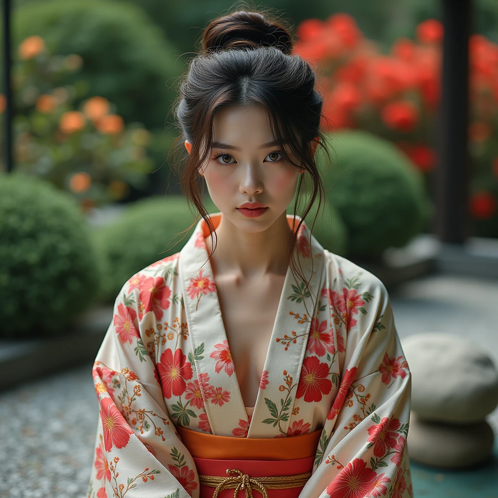 , stunning japanese girl on traditional floral kimono, japanese tyle style, asian girl, brown eyes, stunning portrait, 8k artistic portrait photography, anthropological photography, colorful kimono, fine embroidery, beautiful portrait, beautiful woman, fierce eyes, sitting on a zen garden