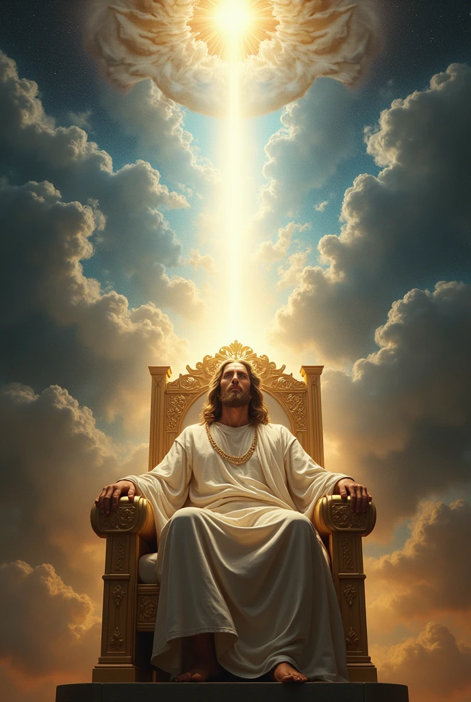 In heaven Jesus is seating on the throne of heaven and there's a bright light coming out of his face