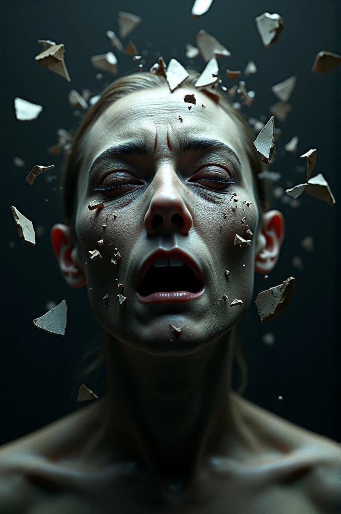 A human face breaking apart into sharp, jagged shards, with dark shadows and splintered pieces flying off into the void, symbolizing a fragmented mind and intense emotional distress.