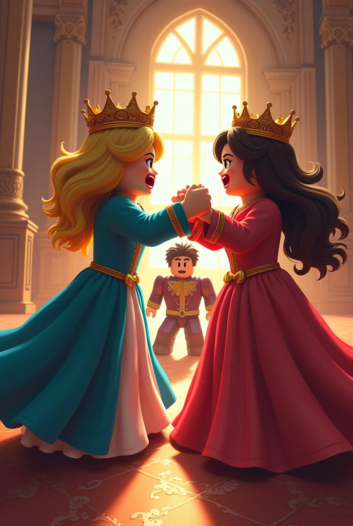 drawing of a royal story two princesses who are fighting angry and a scared prince roblox style 