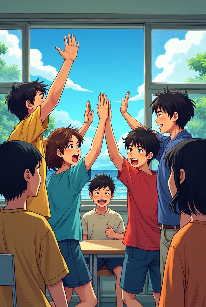 Make me a manhwa art style comic
about lots of students cheering because there is typhoon and they're class suspended but a boy at the back think that it should not be cheer because the class will suspended rather there are homeless people and we all have different situations