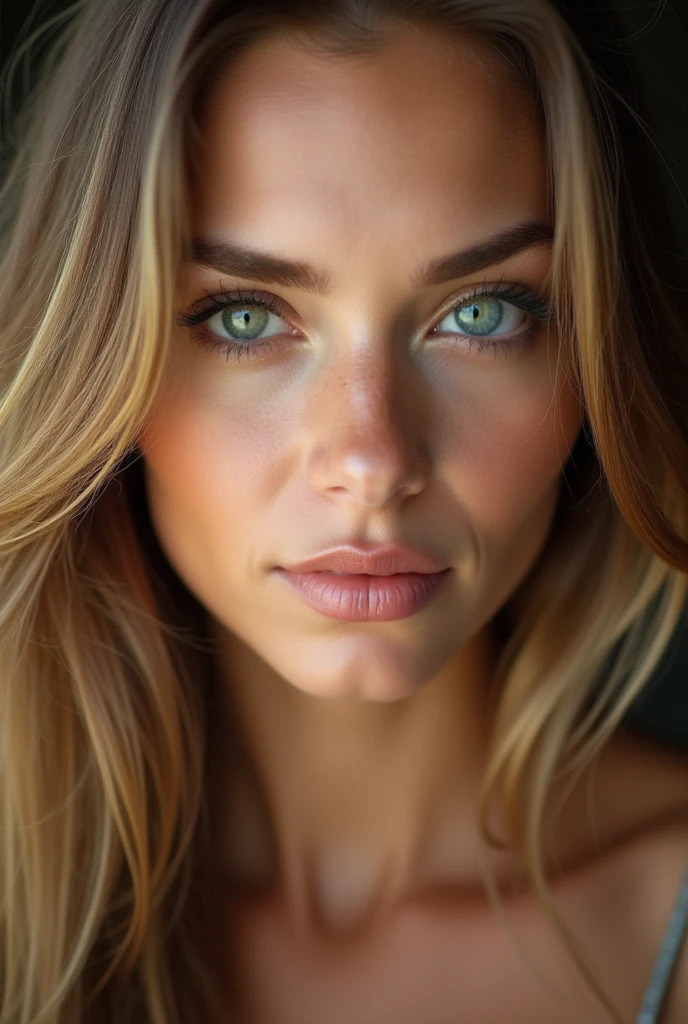 woman with slightly stretched intense green eyes, long light brown hair, Slightly marked cheekbones, naturally plump lips, slightly tanned complexion