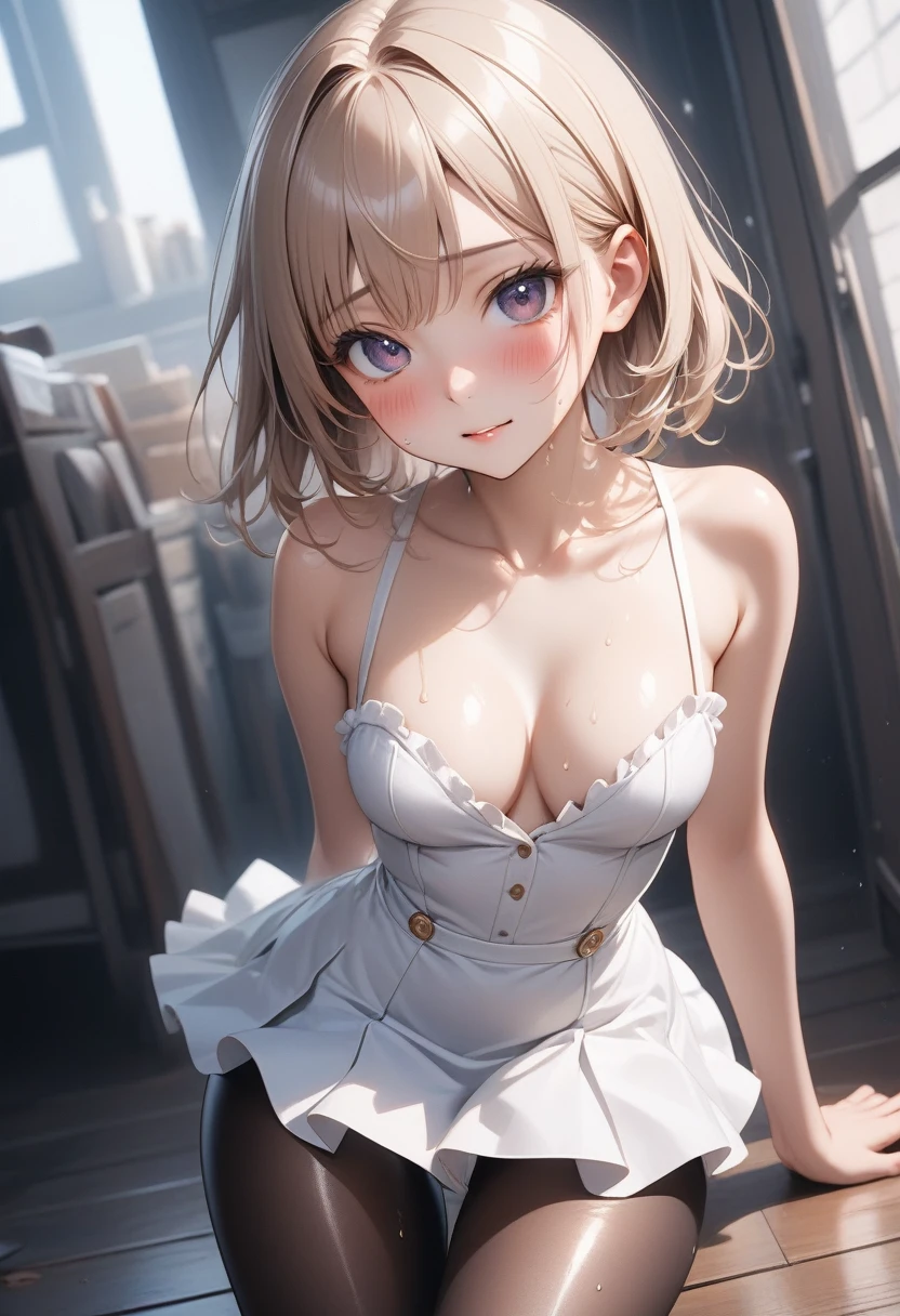 ((Campaign Girl)), ((skirt)), ((pantyhose)), ((Shiny Costumes)), skindentation, skinny, solo, 1 woman, Masterpiece, highest quality, highest quality, 16K, incredibly absurd, highly detailed, 2.5D, ai-generated, delicate and dynamic, very delicate facial expressions, delicate eye depiction, erotic, only sexy woman, ((A cute and kind face)), healthy figure, ((25-year-old woman)), 160cm tall, medium firm swaying bust, , blush, Sweat,Embarrassed,sexy, ((thin thighs)), (camel toe:0.7), (visible nipples:0.3), (Erect nipples,:0.7), shiny and lustrous, facing straight at viewer, (((in heat))), ((Oily_skin)),, ((dutch angle)), ((erotic pose)),