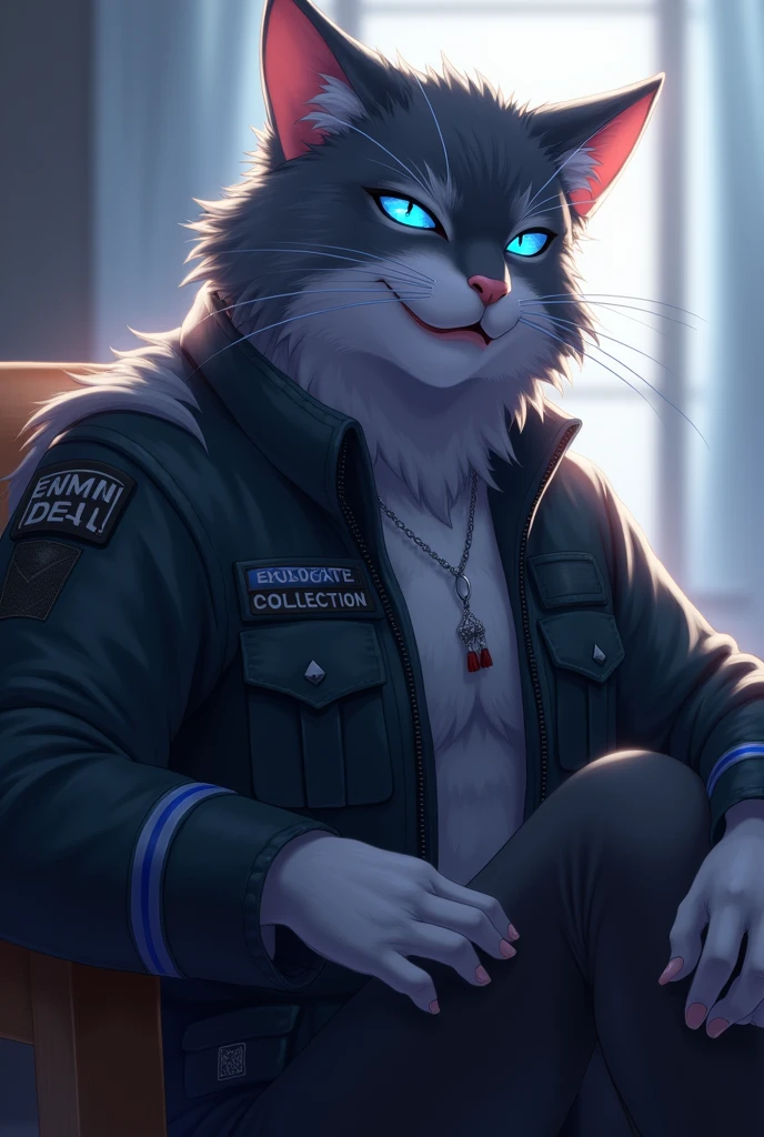 Smiling, uploaded the e621, beautiful and detailed, man (((male))) ((anthro)) Cat, (Averi, Cat man), by waspsalad, by phluks, by zero-sum, cinematic lighting, Cat, (anthro, fluffy fur, character focus:1.1), 1boy, anthro cat man, body fur, nice, comfortable anime-style, digital drawing, (half-closed eyes), blue eyes, utility jacket, glowing bioluminescent ears, metallic fur, blue stripes on fur