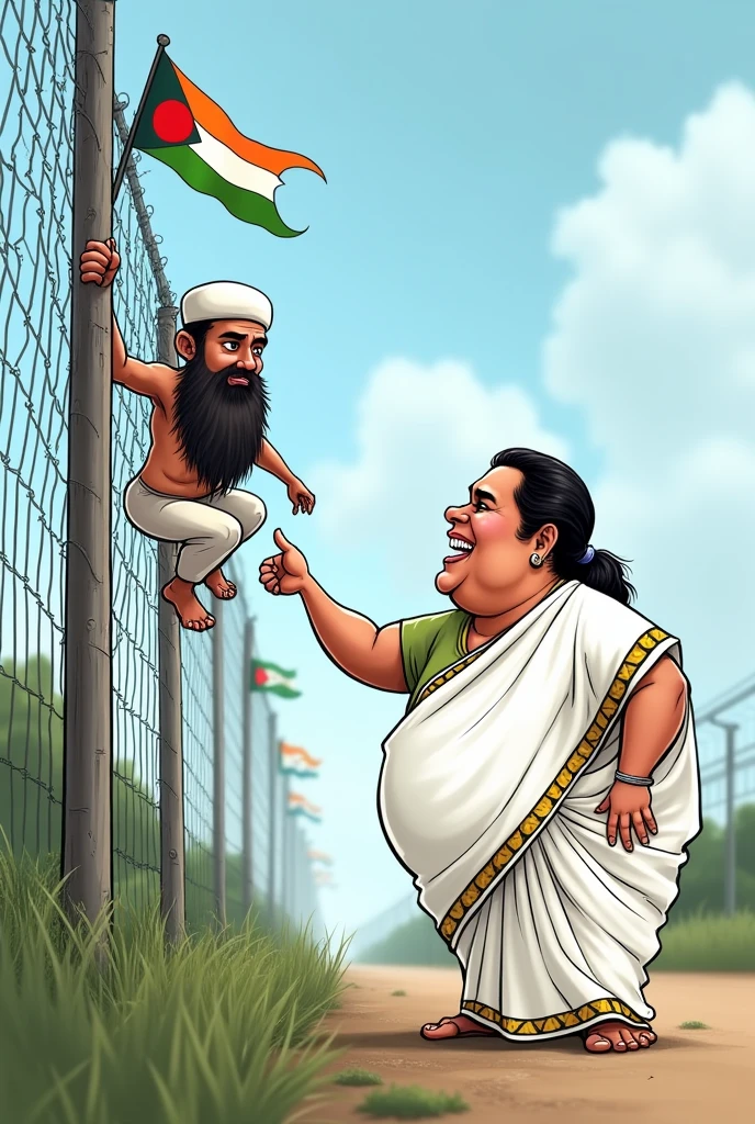 Mamta benergee in at bangladesh boarder wearing white saree and remove the bar hanging rope taken the bangladeshi man hanging over the fencing wire and show her hand to bangaladeshi man with big beard hand grab him over the fencing with mercy hand given him into the Indian boarder funny image cartoon character
This is the good image you provide more image provide please the man hanging from outer side please show fatty Mamta benergee
Look like a pure Mamta benergee face provide please shown indian and bangladeshi flag over the fencing yes same we need same charector of mamta bangaladeshi old man show outer side from the fencing Mamta in white Bengali saree the man entered from fencing down side show the image cutting fencing wire and the man entered the boarder lay down position cutting only little bit of fencing like holl only pass man body rolling down the fencing with white katori cap Infiltration from bellow