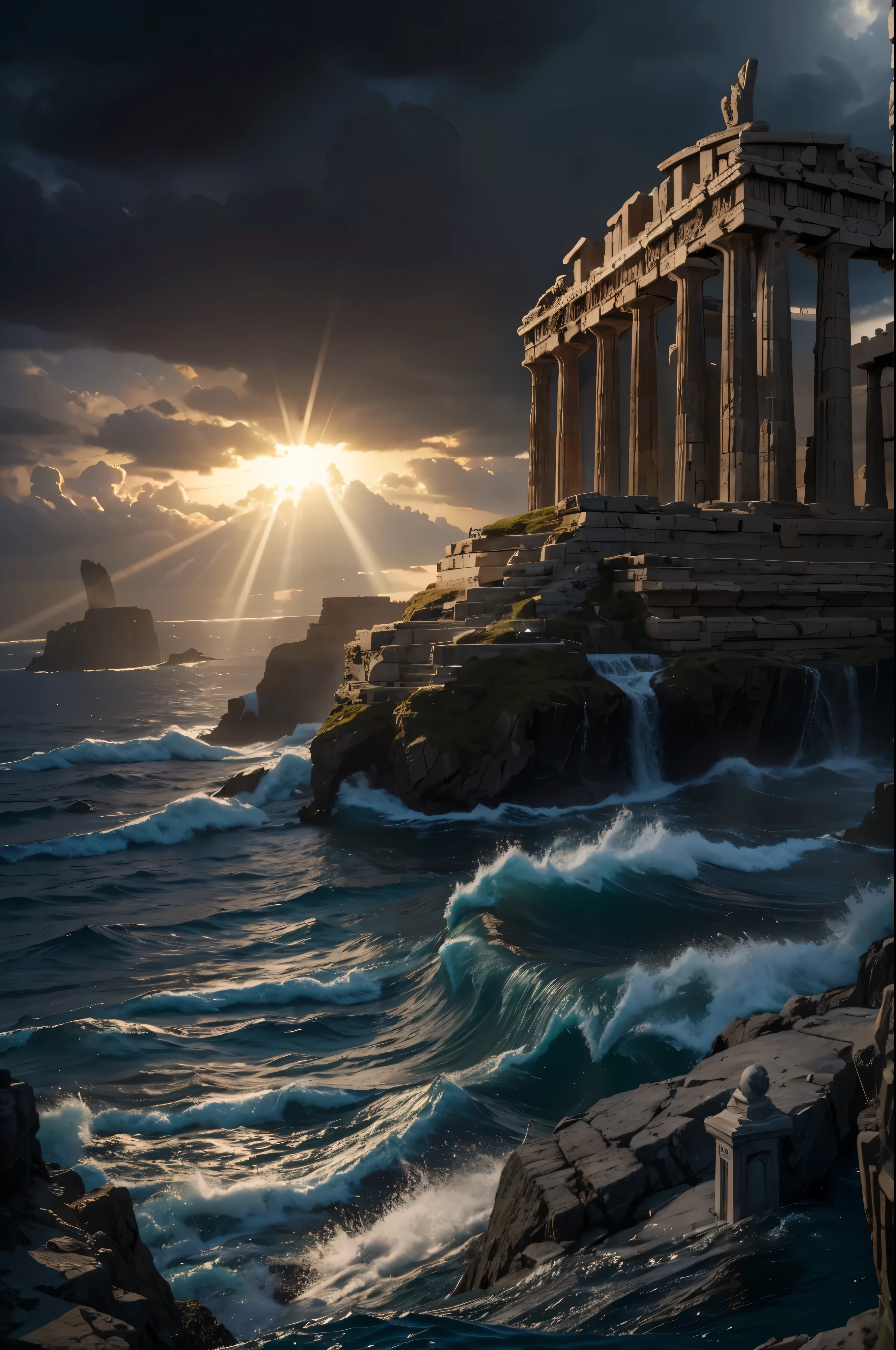 masterpiece, Imagine the legendary city of Atlantis., resplendent in its Greek architectural glory, On the brink of doom as a catastrophic tsunami looms on the horizon.. The once vibrant city is shrouded in a dramatic atmosphere., with the relentless sea invading from all directions, signaling the end of its era. Dark, Ominous clouds cover the sky, However, through this darkness, A single ray of sunshine breaks through, casting a divine glow over the scene. This image is steeped in Greek mythology., suggesting the involvement of the gods in this tragic fate, a moment frozen in time just before Atlantis is lost forever in the depths, 16k, ultra high resolution.photorealistic, HD, raw, ultra wide angle,