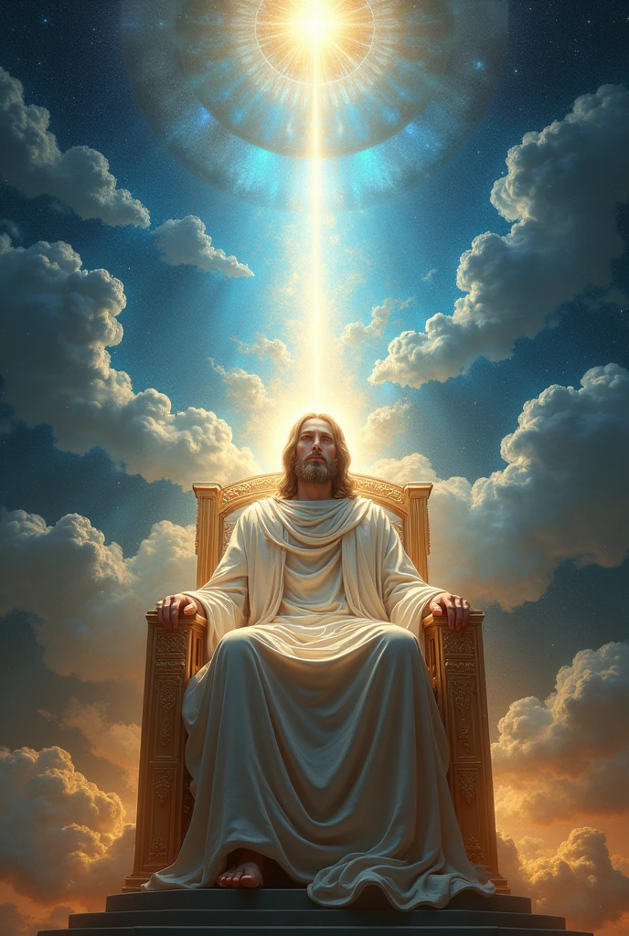 In heaven God is seating on the throne of heaven and there's a bright light coming out of his face