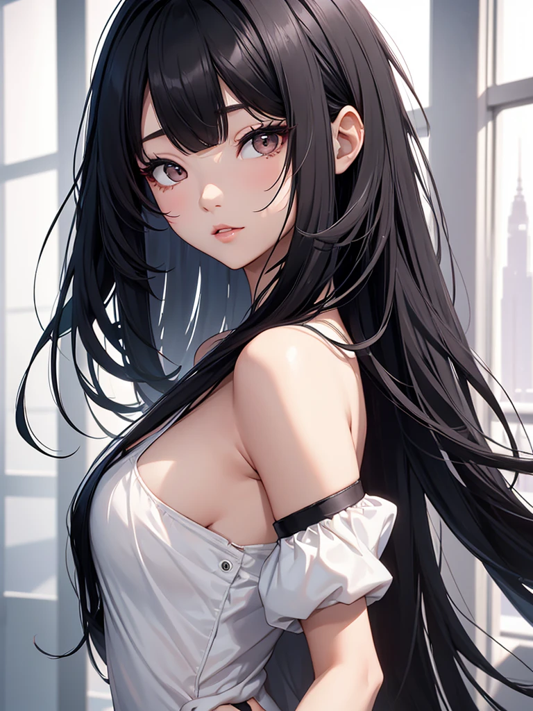 A black hair korean woman with long and have a bangs, has a double eyelid, high bridge nose, small face, V shaow face and a sexy body and naked