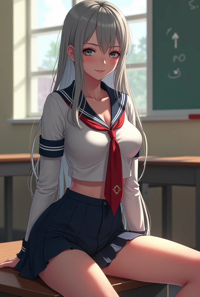 amazing artwork of sexy school girl, , porn actress cropped school uniform, ripped clothes, underboob, skirt, pantyshot, long silver hair, makeup, detailed face, ahegao, materpiece, d, amazing lighting, in classroom, artstation, award winning, stunning, aesthetic, depth, shading, sitting, legs spread apart