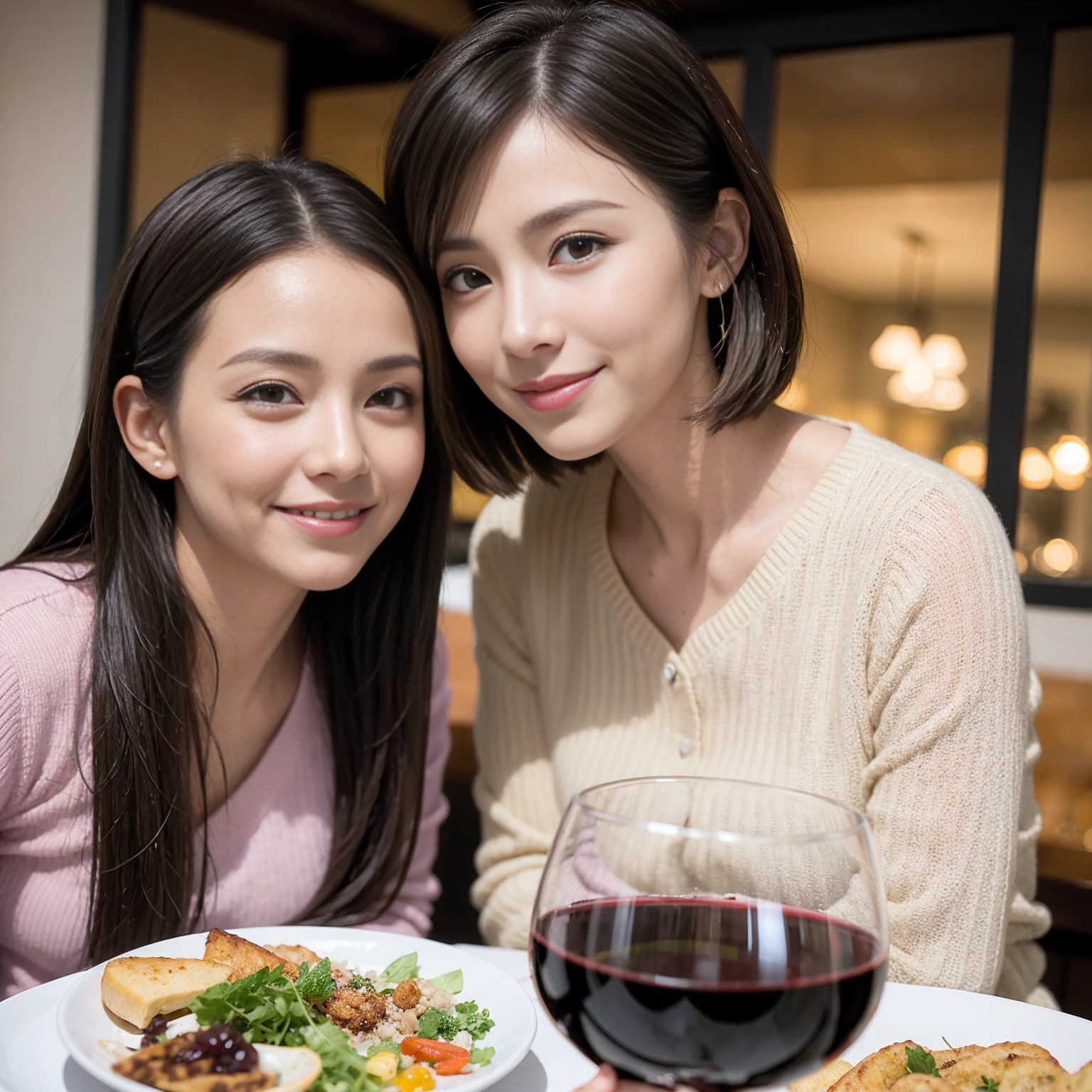 （Realistic:1.1）,(masterpiece,Highest quality)，8k,(49 years old), 53 years old, ベリーslimボディ、slimカップル、Tight waist,Upper Body,full-course dinner、wine 、Amazing view of the sunset sky and clouds、Perfect Anatomy, Brown Hair, short hair,Random Hairstyles,((Highly detailed face and eyes:1.2))，Perfect golden ratio face，Long sleeve shirt、dress,(smile:1.2)、Shortcuts、cute、(Realistic, Intricate details:1.2), A bright smile、short hair,Bright Face、赤wine 、Appetizers、Italian food、wine bottle、Champagne、スパークリングwine、(slimな顔), (The body is slim), (Brown Hair), (Shortcuts),  Upper Body, 白wine, slim, wineグラス, 