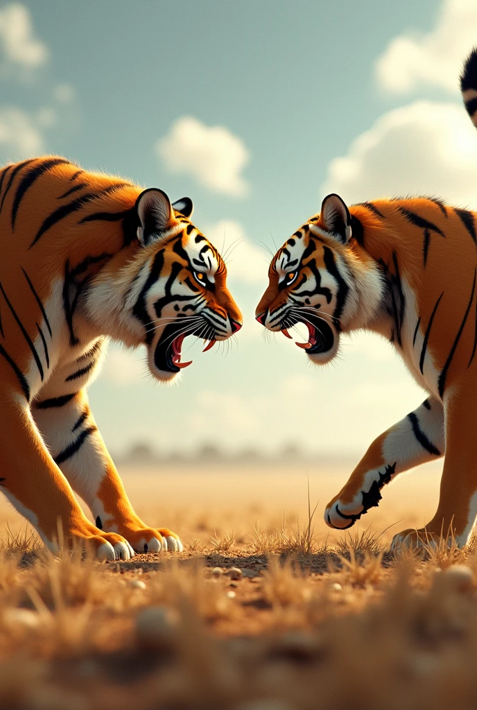 In an open field under the scorching sun, a cat and a tiger stand face to face. The tiger appears fierce and is on the verge of attacking, but the cat, instead of fleeing, is ready to confront it.