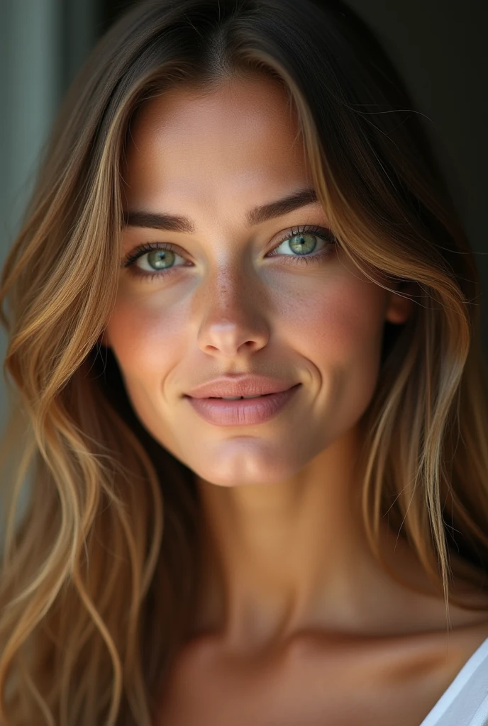 woman with slightly stretched intense green eyes, long light brown hair, Slightly marked cheekbones, naturally plump lips, slightly tanned complexion. 20 ans.
