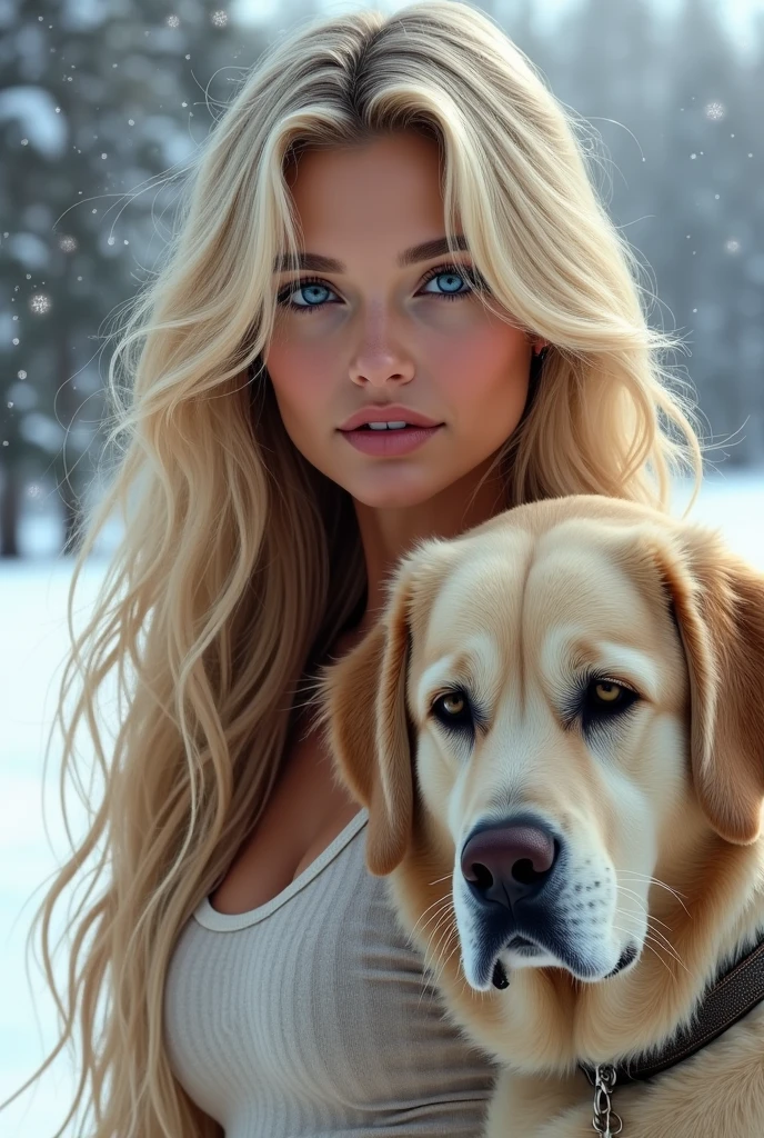 une belle fille aux longs cheveux blonds, Yeux détaillés, nez, et les lèvres, avec un saint Bernarddans la neige, femme qui ressemble a alisha lehmann realiste