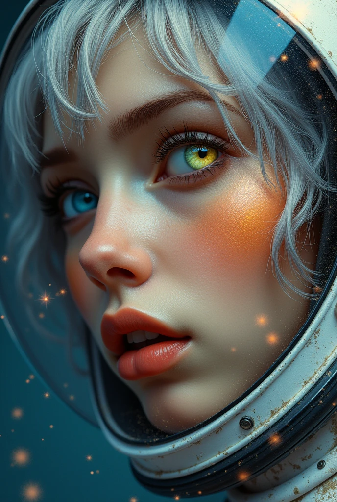 (Close-up of a better masterpiece:1.5)0.9], (Space and astronauts:1.2) (Messy silver hair:1.1) (Heterochromia xanthochromia and blue eyes:1.2) (Space Helmet:1.0) (Colored stars in the eyes:1.0) (A radiant glow:1.1) (thick lips:0.9)