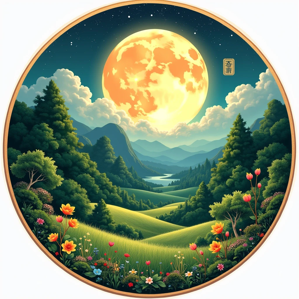 Generate round Mid-Autumn cards, green, lush foliage, real natural colors, realistic scenes, night moon high hanging