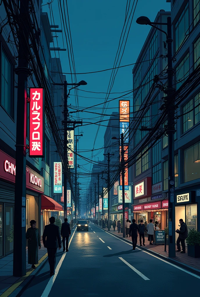 Illustrate a trendy urban street in Shibuya with a dark, foreboding atmosphere, hinting at the murder.