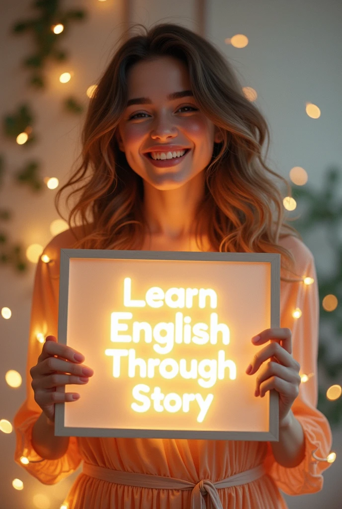 Beautiful girl with heart-warming smile and wavy long hair, bohemian dress, holding a white board with text "learn English Through Story" and showing it to the viewer, the board is glowing with a the text.