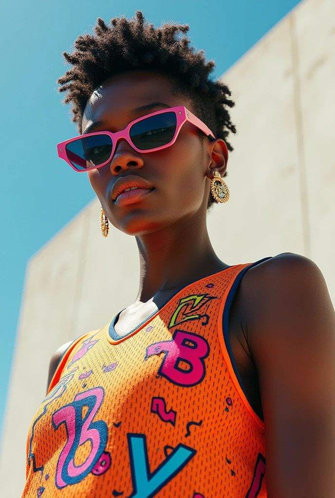 The model full body is wearing glass sunglasses and wearing jersey with doodle design
