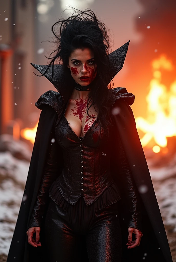 An ultra hot gorgeous European woman, age 23, in action pose,  Regina, the evil queen from snoww white. Black messy hair.Body covered of blood and blood splatter.bloody face, bloody clothes, bloody body. She’s full of fury and anger. Outside, in the snowy streets of a town after a disaster. Flames, heavy smoke. Sparkles, explosions. Dramatic cinematic light. Dark atmosphere. ((Nighttime))