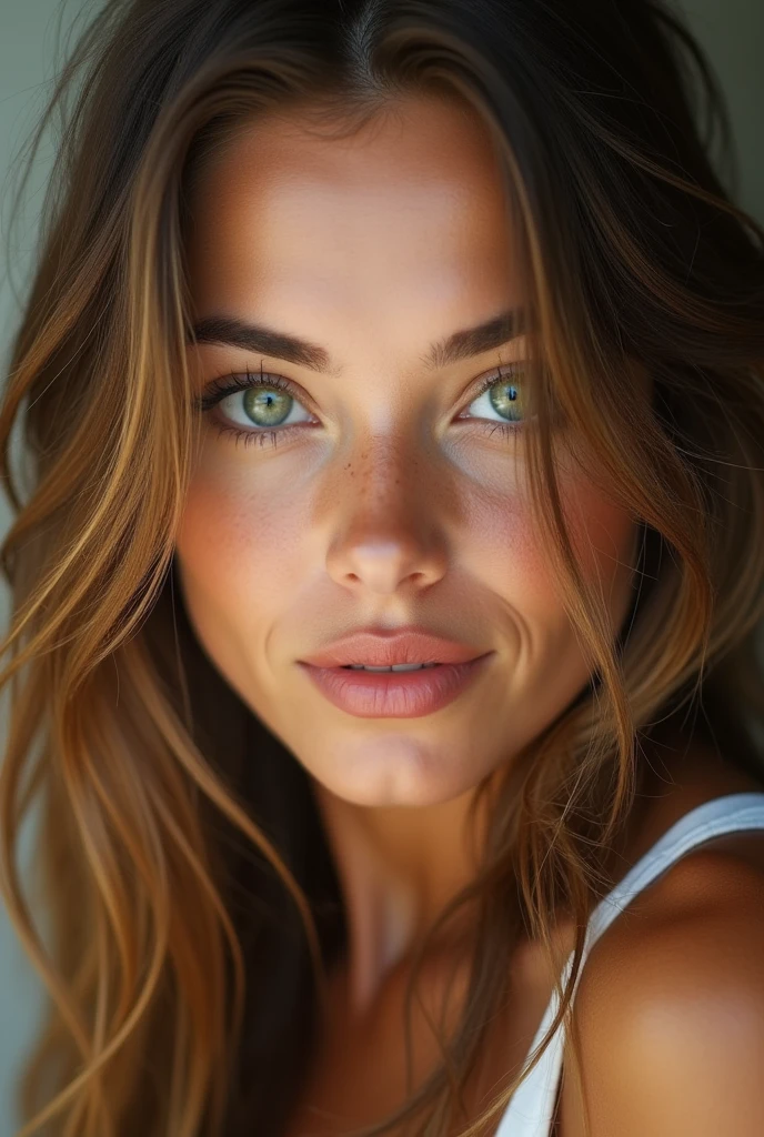 woman with slightly stretched intense green eyes, long light brown hair, naturally plump lips, slightly tanned complexion. 20 ans. 
