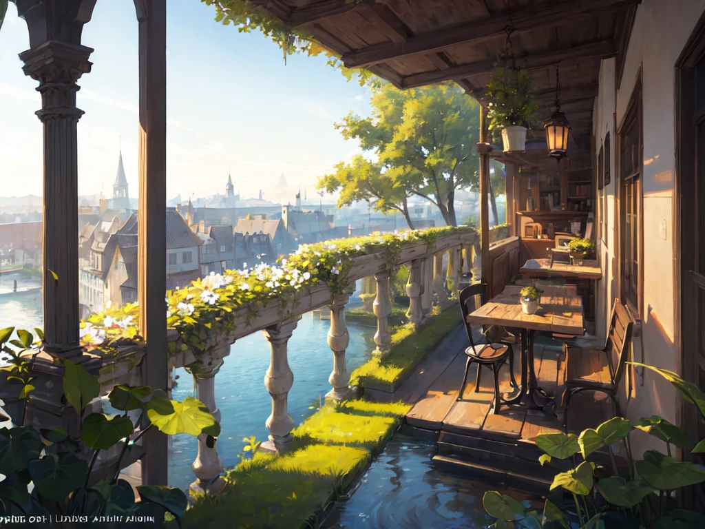 (Micro Landscape:1.5),(best quality), ((masterpiece)), (High resolution), illustration, The original, Extremely detailed wallpaper, No human, window, landscape, plant, water, potted plant, outgates, architecture, gate, house, flower pot, sky, lily pad, Chair, flower, table, stairs, watermark, have, Tree, Sunlight, pond, grass, ingates, reflection, lamp, balcony, Black headdress, bushing, sky, railing, table, open window, shelf, leaf, Book, Website, Copyright Name, ladder, Architecture, shadow, Solitary, Outdated, vine, flower vase, City, Coffee Shop, lantern, bucket, ruins, bench, Shop, sign, moss, Boat, bucket, river,