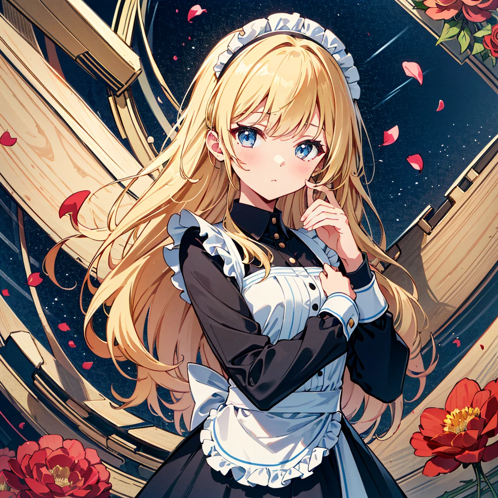 1 Girl: 1.3, (Line Drawing: 1.3), Cute Girl, Cute Girl, Cute, Cute, Celestial: 1.3, Long Hair, Hair Loss, Big Hair, Dense Hair, Blonde, Costume, Intricate Clockwork Long Sleeve Maid Dress, Simple, affordable, cheap sculpture, craftsmanship, (flowers, petals), attractive art pose, cubist background, absurdity, high resolution, super detailed,