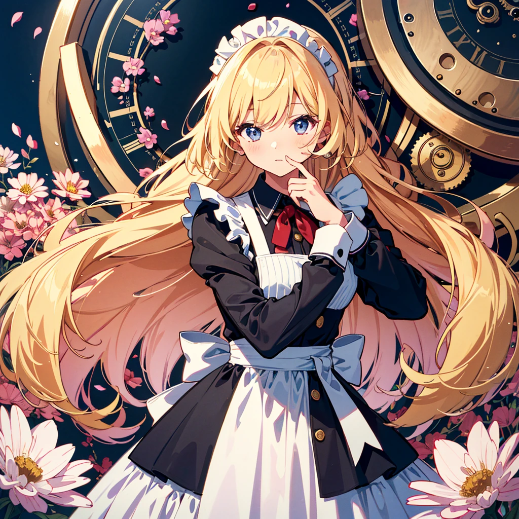 1 Girl: 1.3, (Line Drawing: 1.3), Cute Girl, Cute Girl, Cute, Cute, Celestial: 1.3, Long Hair, Hair Loss, Big Hair, Dense Hair, Blonde, Costume, Intricate Clockwork Long Sleeve Maid Dress, Simple, affordable, cheap sculpture, craftsmanship, (flowers, petals), attractive art pose, cubist background, absurdity, high resolution, super detailed,