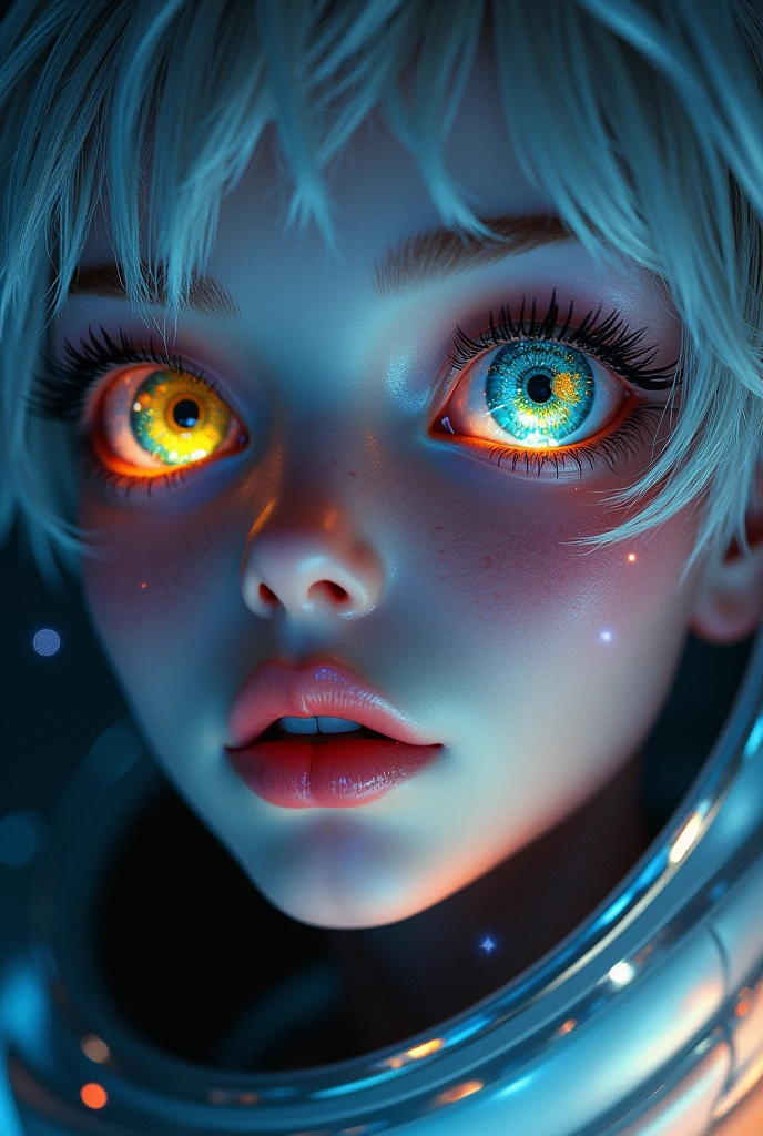 (Close-up of a better masterpiece:1.5)0.9], (Space and astronauts:1.2) (Messy silver hair:1.1) (Heterochromia xanthochromia and blue eyes:1.2) (Space Helmet:1.0) (Colored stars in the eyes:1.0) (A radiant glow:1.1) (thick lips:0.9)