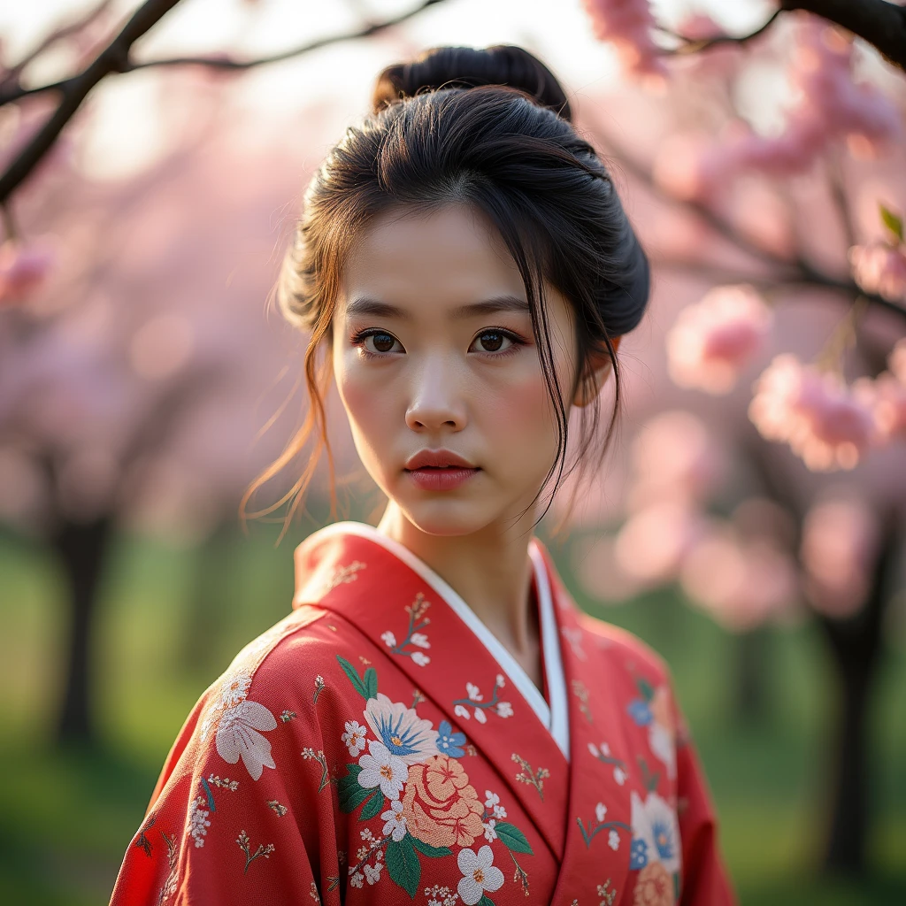 , stunning japanese girl on traditional floral kimono, japanese tyle style, asian girl, brown eyes, stunning portrait, 8k artistic portrait photography, anthropological photography, colorful kimono, fine embroidery, beautiful portrait, beautiful woman, fierce eyes, standing on a field of charry blossom trees, sunlight passing through 