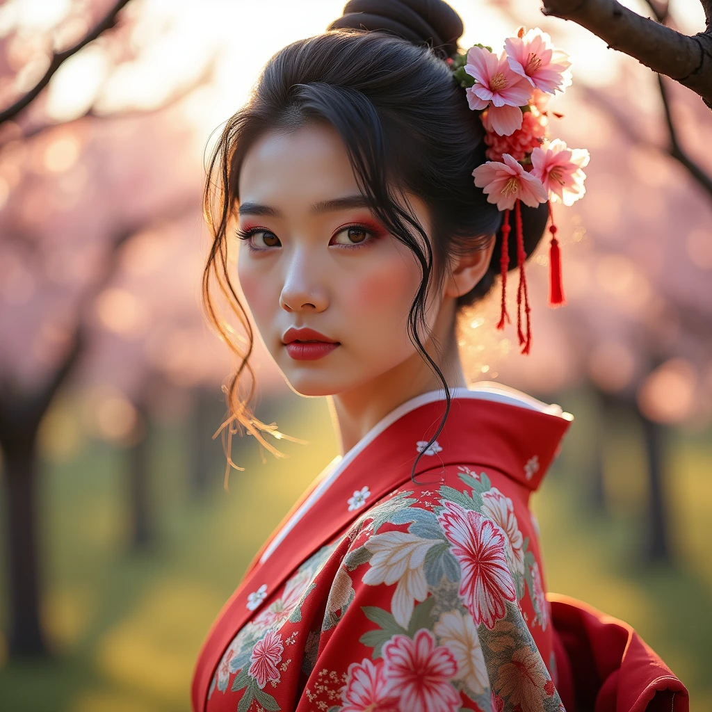 , stunning japanese girl on traditional floral kimono, japanese tyle style, asian girl, brown eyes, stunning portrait, 8k artistic portrait photography, anthropological photography, colorful kimono, fine embroidery, beautiful portrait, beautiful woman, fierce eyes, standing on a field of charry blossom trees, sunlight passing through 