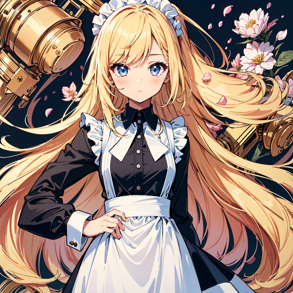 1 Girl: 1.3, (Line Drawing: 1.3), Cute Girl, Cute Girl, Cute, Cute, Celestial: 1.3, Long Hair, Hair Loss, Big Hair, Dense Hair, Blonde, Costume, Intricate Clockwork Long Sleeve Maid Dress, Simple, affordable, cheap sculpture, craftsmanship, (flowers, petals), attractive art pose, cubist background, absurdity, high resolution, super detailed,
