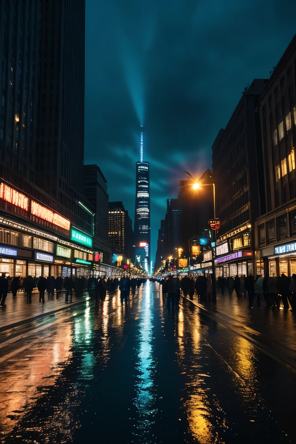 Create a high-resolution photograph of a vibrant city at night. The cityscape is filled with towering skyscrapers, their windows glowing with warm lights. Streets are bustling with activity, illuminated by neon signs and streetlights. The sky above is a deep, midnight blue, with a few scattered stars visible. Reflections of the city lights dance on the surface of a river or wet pavement, adding a dynamic and lively atmosphere. The overall mood is energetic yet serene, capturing the essence of urban life after dark.