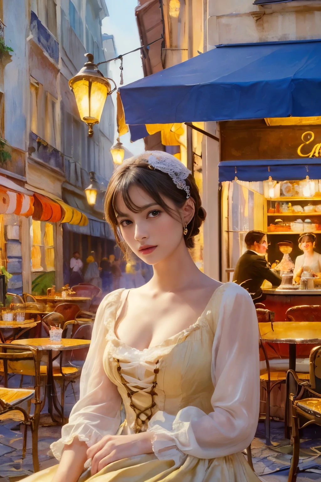 ((masterpiece:1.4, Highest quality)), (Realistic photos:1.4), (artwork),
((1 girl)), (Otherworldly beauty), (dream-like), ((1 girl, Realistic photos)),
(Ultra high resolution:1.2), Very delicate and beautiful, wonderful, Very detailed CG Unity 8k wall paper, Very detailed, High resolution,
Soft Light, Beautiful detailed girl, Very detailed eyes and face, Beautiful and detailed nose, Beautiful and detailed,
(Dressed in late 19th century French costume:1.3), (In front of the cafe at night:1.3),1 (Sitting:1.2),
Cinema Lighting, Perfect Anatomy, Slender body, (Parted bangs),
(The world of impressionist painting:1.5), (Impressionist light and colour), (「Cafe terrace at night」),
Cowboy Shot