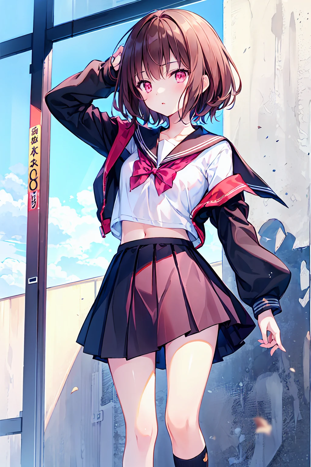 Brown Hair Color，Pale pink eyes，School Top，Check skirt，Kind girl，((Highest quality)), (Very detailed), (High-definition CG synthesis 8k wallpaper), 高いly detailed,  高い-definition raw colbor photos, Professional photography,  Written boundary depth,Small breasts，Flat chest，Summer sky