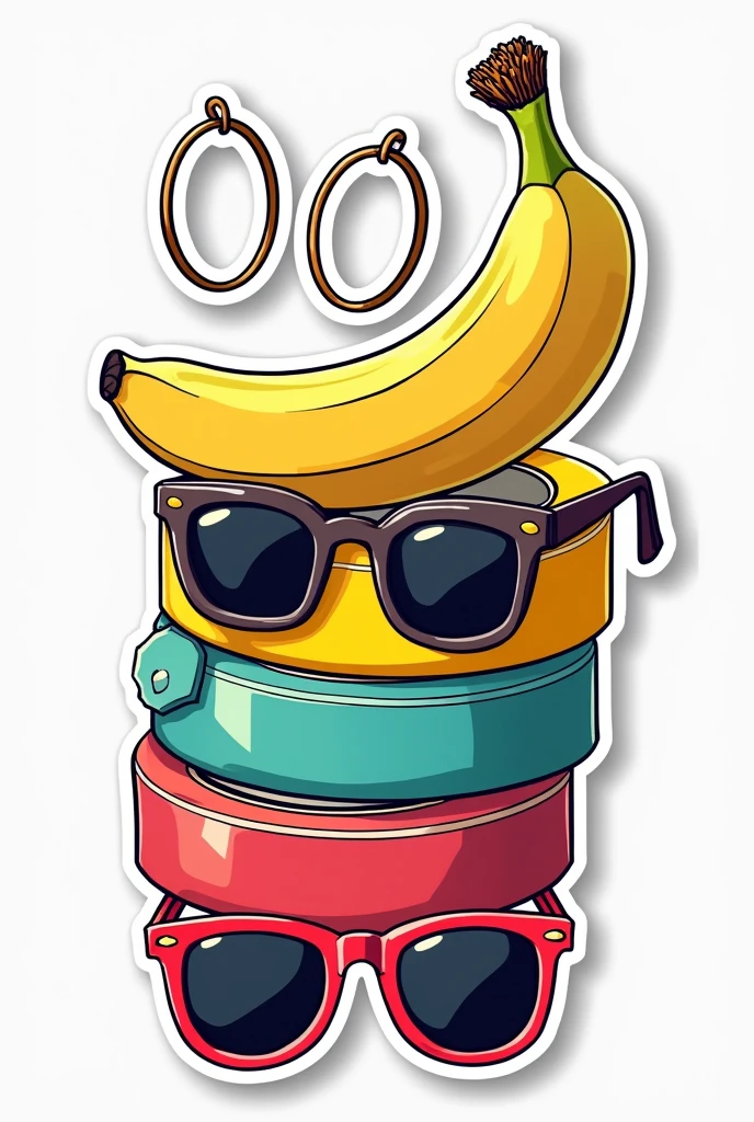 A sticker with the elements - banana, duct tape, earring hoops and sunglasses