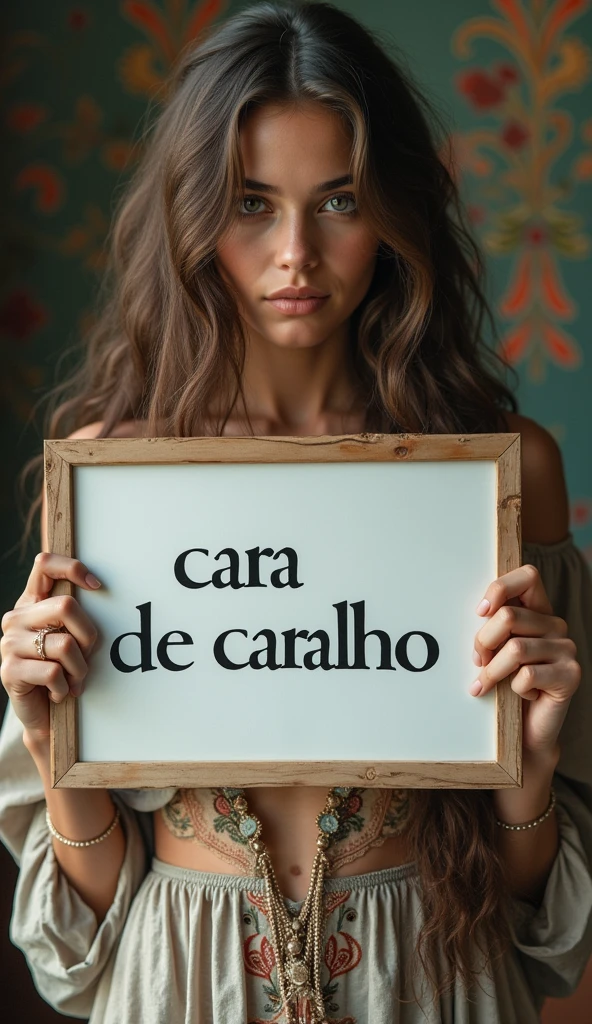 Beautiful girl with wavy long hair, bohemian dress, holding a white board with text "cara de caralho" and showing it to the viewer