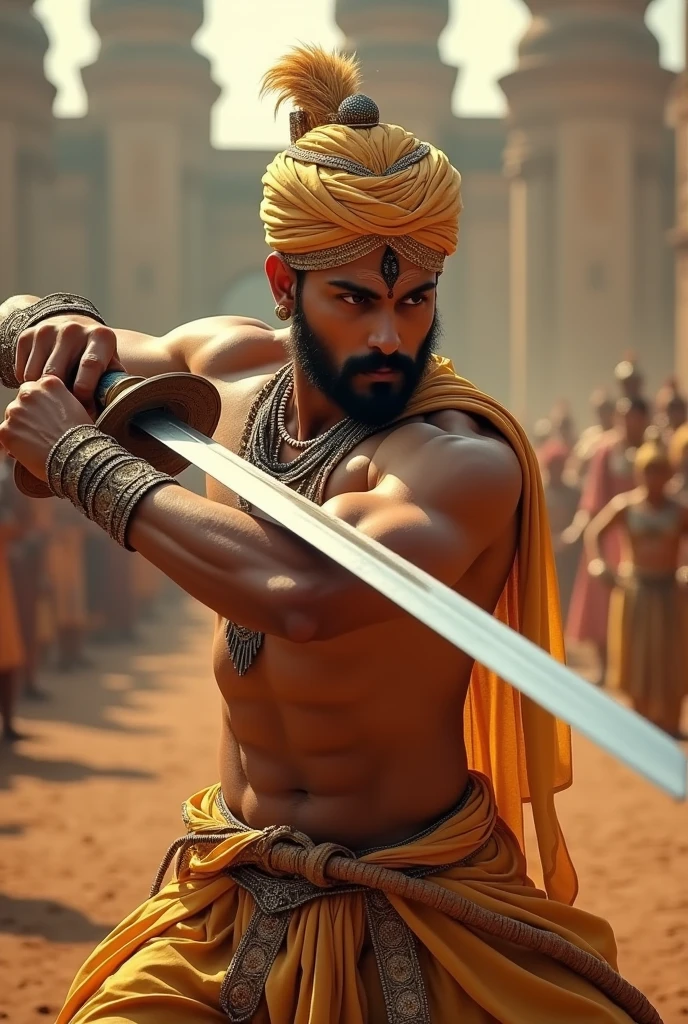 Give me an outstanding image of peshwa bajirao playing with his sword, it should be of high quality, make him look like a hindu not do not give his face muslim characteristics.  Give him a peshwa pagdi, make him look more like how ranveer singh looked in the movie peshwa bajirao, make the outfit a simple one with a peshwa pagdi on his head