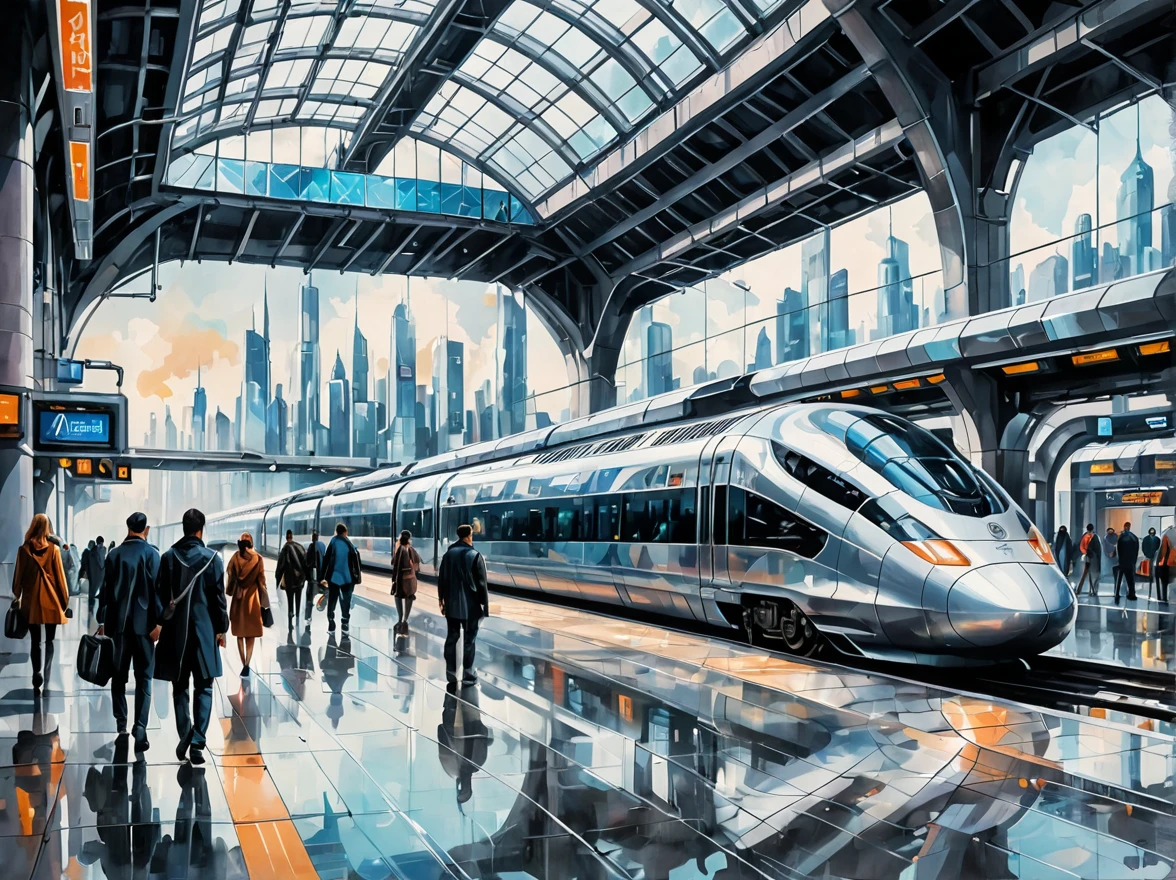 A fascinating copperplate painting，Depicts a futuristic train station, Stylish and modern, Buildings with transparent glass panels, high speed train, Advanced technology elements such as holographic displays and assistants, Futuristic cityscape background, Cyberpunk Passenger, Masterpieces in up to 16K resolution, excellent quality. | ((more_detail))