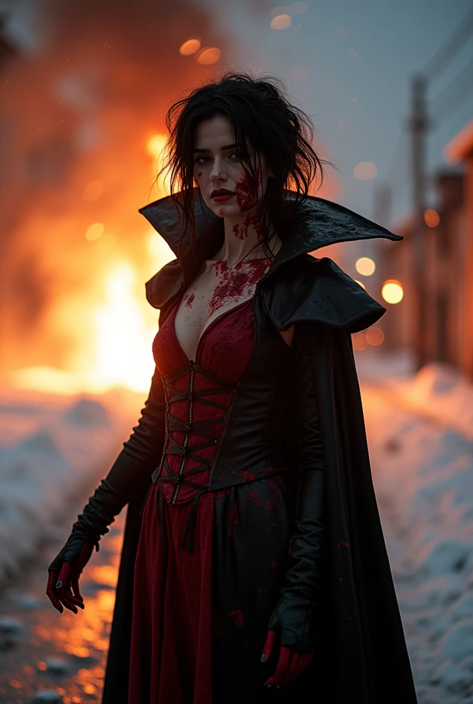 An ultra hot gorgeous European woman, age 23, in action pose,  Regina, the evil queen from snoww white. Black messy hair.Body covered of blood and blood splatter.bloody face, bloody clothes, bloody body. She’s full of fury and anger. Outside, in the snowy streets of a town after a disaster. Flames, heavy smoke. Sparkles, explosions. Dramatic cinematic light. Dark atmosphere. ((Nighttime))