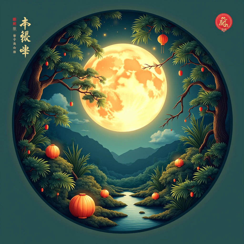 Generate round Mid-Autumn cards, green, luxuriant foliage, realistic scenes, night moon high hanging