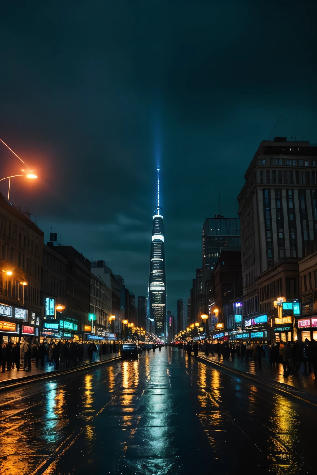 Create a high-resolution photograph of a vibrant city at night. The cityscape is filled with towering skyscrapers, their windows glowing with warm lights. Streets are bustling with activity, illuminated by neon signs and streetlights. The sky above is a deep, midnight blue, with a few scattered stars visible. Reflections of the city lights dance on the surface of a river or wet pavement, adding a dynamic and lively atmosphere. The overall mood is energetic yet serene, capturing the essence of urban life after dark.