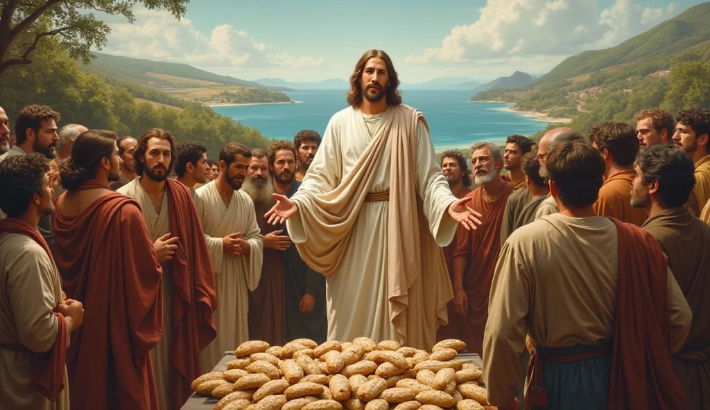 Jesus feeding fish and bread to 5000 people